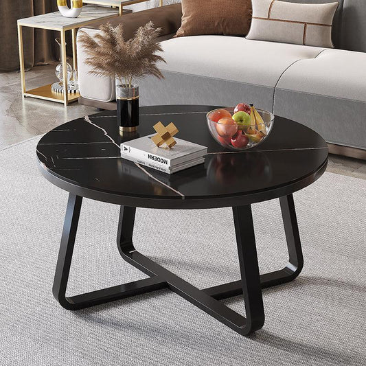 Coffee Table - Round Coffee Table -  Imitation Marble - Black .