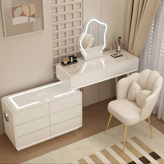 Adjustable  LED Vanity Dressing Table with Bluetooth Speaker, Wireless Charger, Glass Top - 200 cm