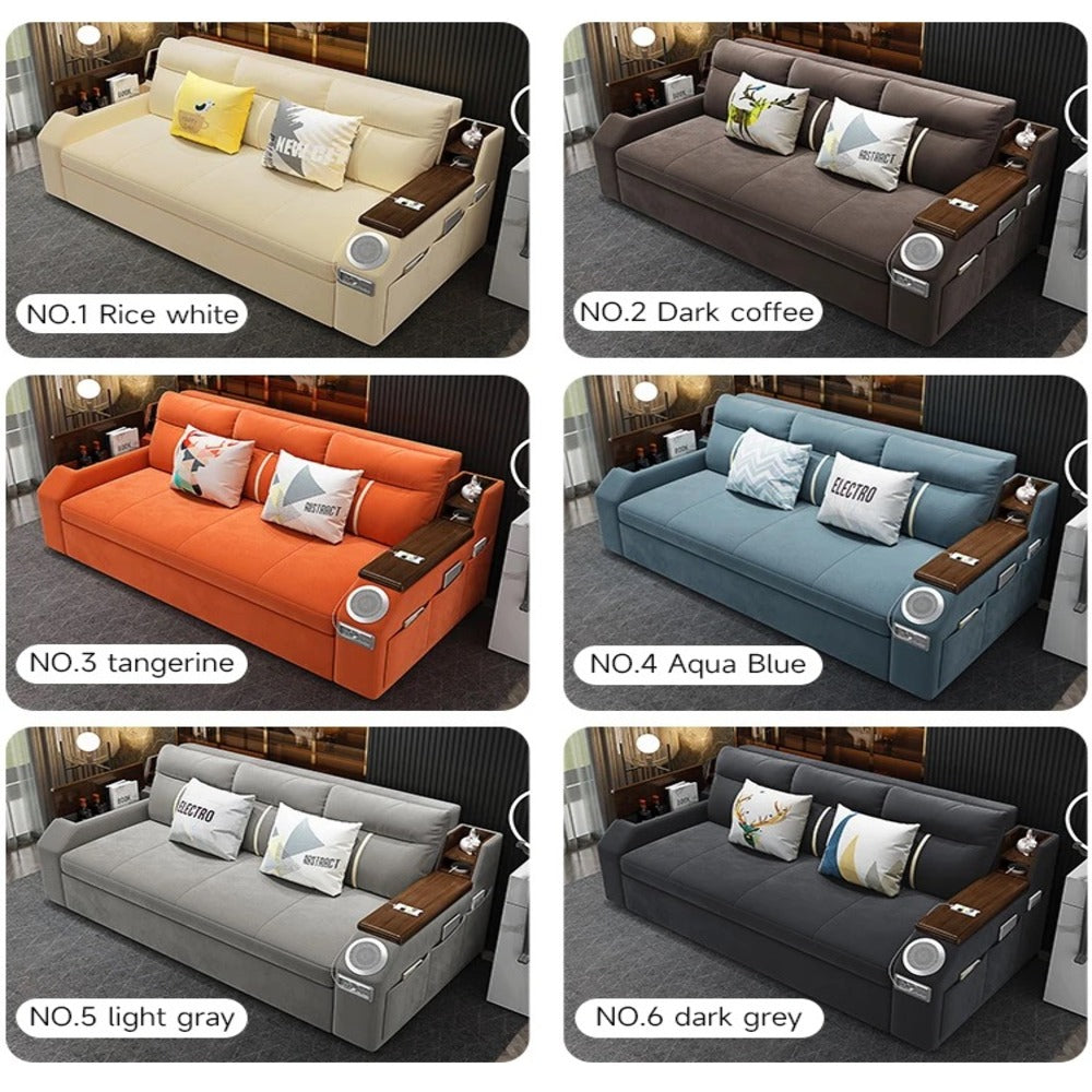 Modern Adjustable Sofa Bed with Side Pockets - with Down and Side Storage - USB Ports - Bluetooth - Speaker.