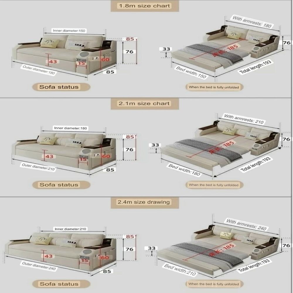 Modern Adjustable Sofa Bed with Side Pockets - with Down and Side Storage - USB Ports - Bluetooth - Speaker.